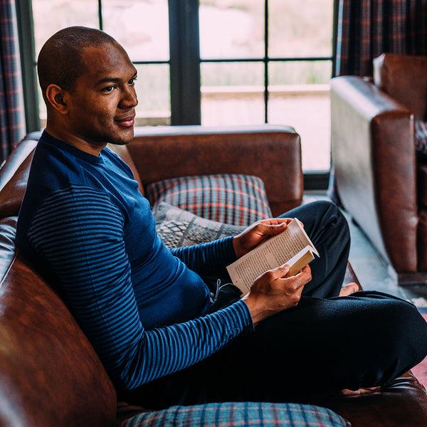 Isobaa Mens Merino 180 Long Sleeve Crew (Stripe Navy/Denim)