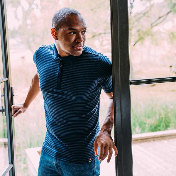 isobaa Mens Merino 180 Short Sleeve Polo Shirt (Stripe Navy/Denim)