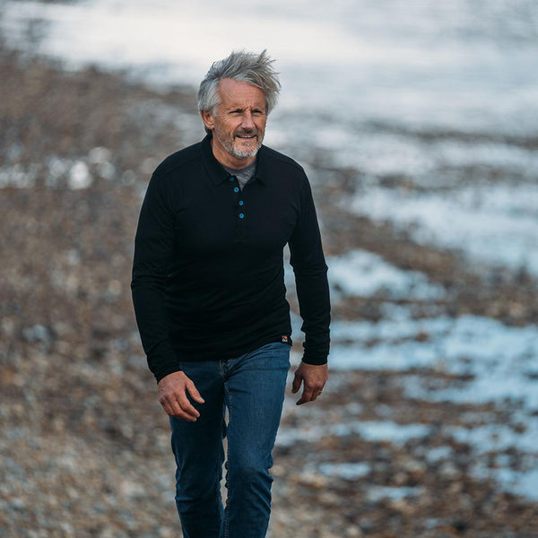 isobaa Mens Merino 200 Long Sleeve Polo Shirt (Black/Blue)