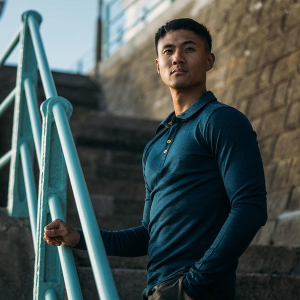 isobaa Mens Merino 200 Long Sleeve Polo Shirt (Petrol/Lime)