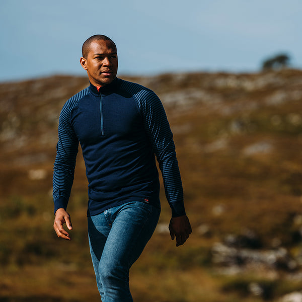 isobaa Mens Merino 200 Long Sleeve Zip Neck (Stripe Navy/Denim)