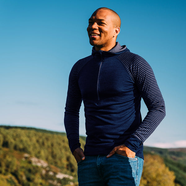 isobaa Mens Merino 200 Zip Neck Hoodie (Stripe Navy/Denim)