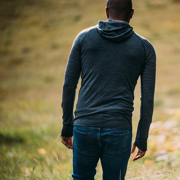 Isobaa Mens Merino 200 Zip Neck Hoodie (Stripe Smoke/Charcoal)