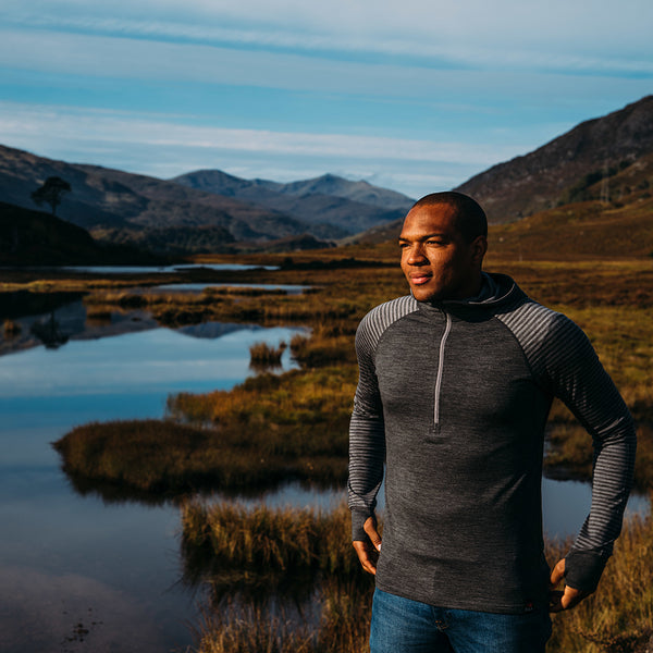 isobaa Mens Merino 200 Zip Neck Hoodie (Stripe Smoke/Charcoal)