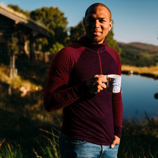 isobaa Mens Merino 200 Zip Neck Hoodie (Stripe Wine/Red)