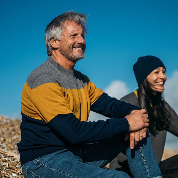 Isobaa Mens Merino Block Stripe Sweater (Navy/Mustard/Charcoal)