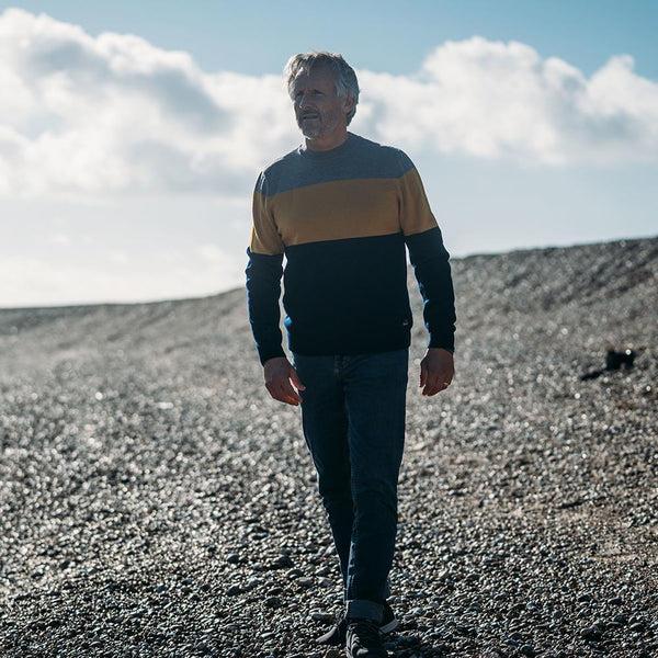 Isobaa Mens Merino Block Stripe Sweater (Navy/Mustard/Charcoal)