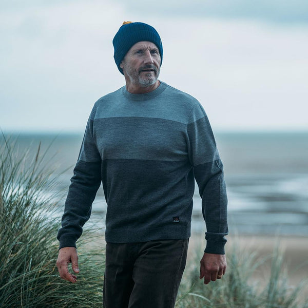 Isobaa Mens Merino Block Stripe Sweater (Smoke/Grey/Charcoal)