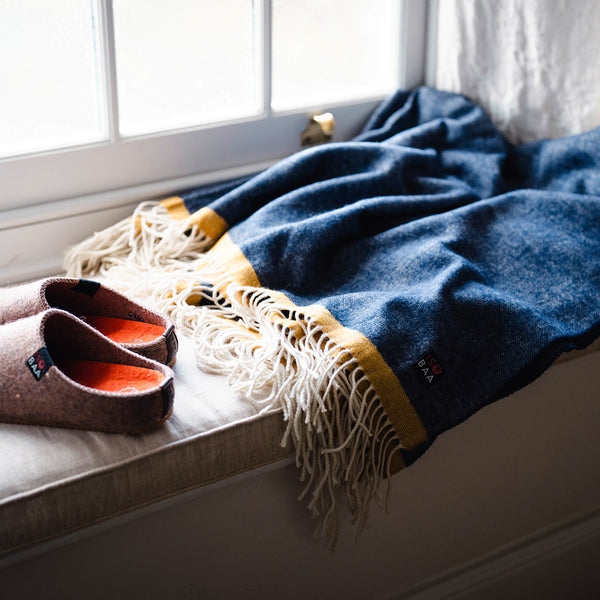 Isobaa Merino Herringbone Throw (Navy/Mustard Stripe)