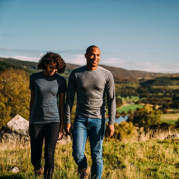 isobaa Womens Merino 150 Short Sleeve Crew (Stripe Petrol/Charcoal)