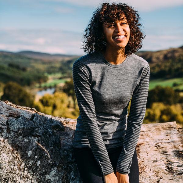 isobaa Womens Merino 180 Long Sleeve Crew (Stripe Charcoal/Smoke)