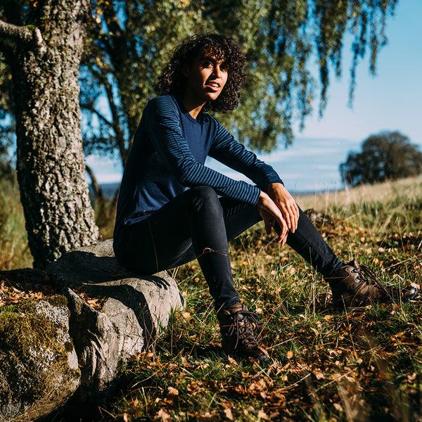 isobaa Womens Merino 180 Long Sleeve Crew (Stripe Navy/Denim)