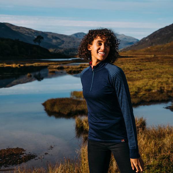Isobaa Womens Merino 200 Long Sleeve Zip Neck (Stripe Navy/Denim)