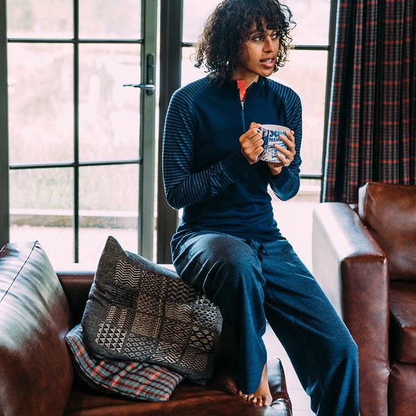 isobaa Womens Merino 200 Long Sleeve Zip Neck (Stripe Navy/Denim)