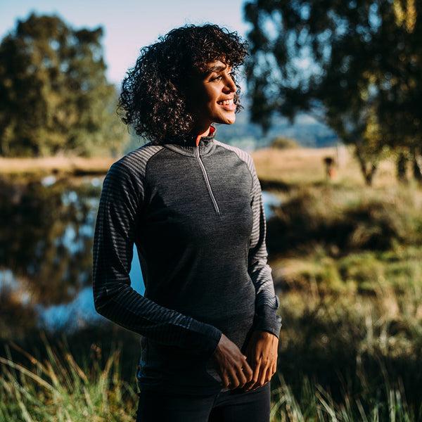 isobaa Womens Merino 200 Long Sleeve Zip Neck (Stripe Smoke/Charcoal)