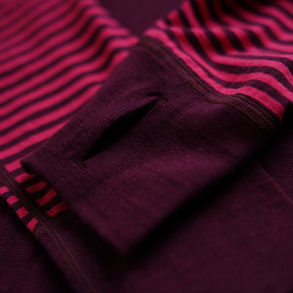 Isobaa Womens Merino 200 Zip Neck Hoodie (Stripe Wine/Fuchsia)