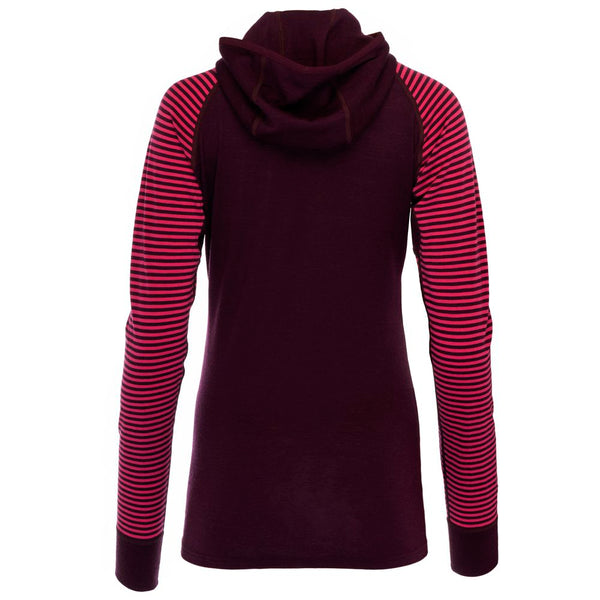 Isobaa Womens Merino 200 Zip Neck Hoodie (Stripe Wine/Fuchsia)