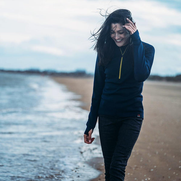 Isobaa Womens Merino 320 Long Sleeve Half Zip (Navy/Lime)