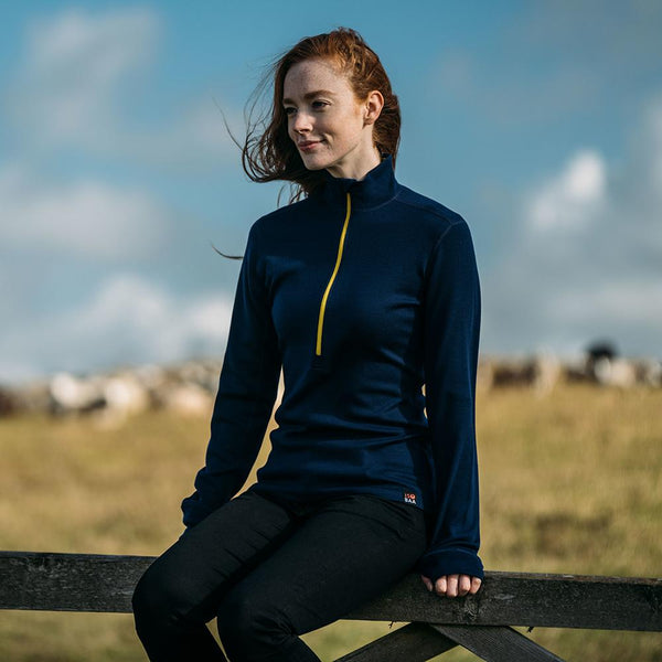 Isobaa Womens Merino 320 Long Sleeve Half Zip (Navy/Lime)