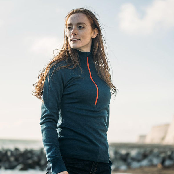 Isobaa Womens Merino 320 Long Sleeve Half Zip (Petrol/Orange)