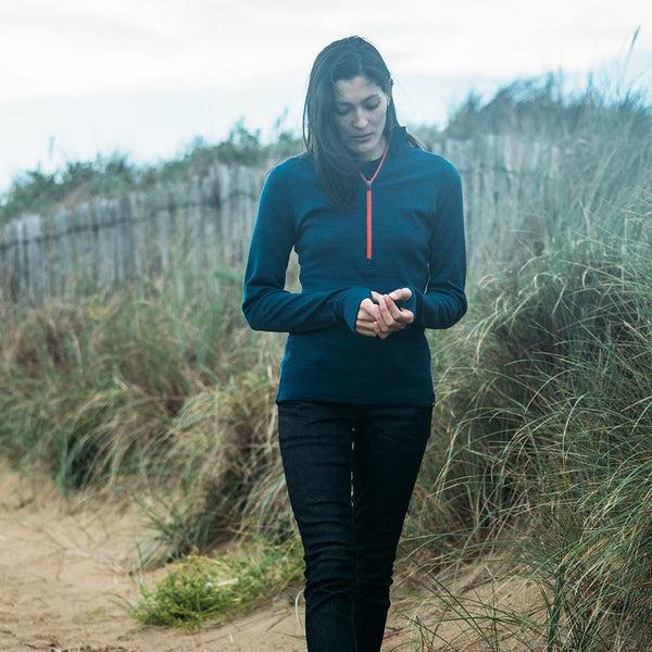 Isobaa Womens Merino 320 Long Sleeve Half Zip (Petrol/Orange)