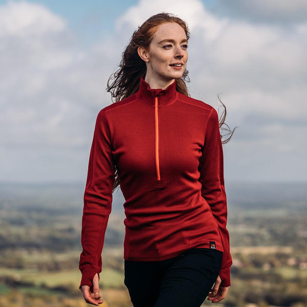 Isobaa Womens Merino 320 Long Sleeve Half Zip (Red/Orange)