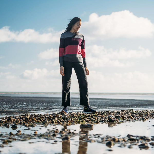 Isobaa Womens Merino Block Stripe Sweater (Charcoal/Wine/Fuchsia/Smoke)