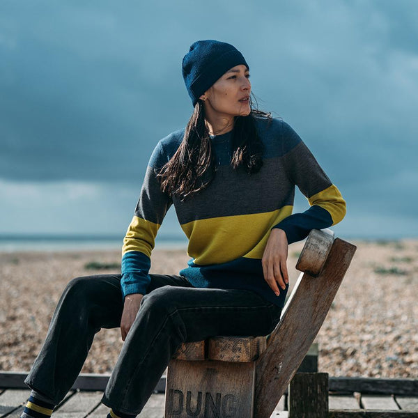 Isobaa Womens Merino Block Stripe Sweater (Denim/Smoke/Lime/Petrol)