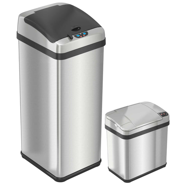 itouchless 13 Gallon & 2.5 Gallon Touchless Kitchen and Bathroom Self-Contained Electric-Motor Sensor Trash Cans Combo Pack with AbsorbX