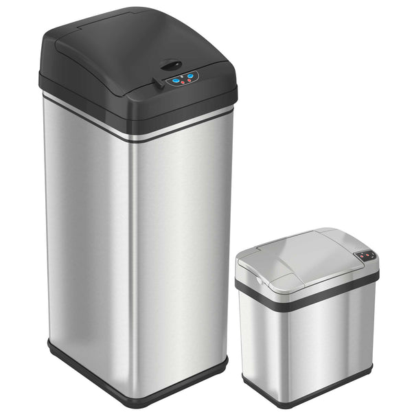 itouchless 13 Gallon and 2.5 Gallon Self-Contained Electric-Motor Sensor Kitchen Trash Can and Bathroom Trash Can Combo Pack with AbsorbX