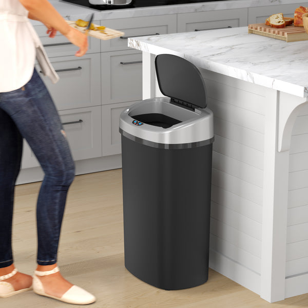 Itouchless 13 Gallon Oval Touchless Plastic Self-Contained Electric-Motor Sensor Kitchen Trash Can With AbsorbX