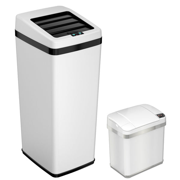 itouchless 14 Gallon Sliding Lid Self-Contained Electric-Motor Sensor Kitchen Trash Can and 2.5 Gallon Sensor Bathroom Trash Can Combo Pack with AbsorbX
