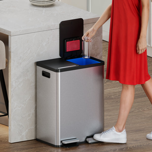 Itouchless 16 Gallon / 61 Liter SoftStep Dual Compartment Rectangular Composite Step Trash Can And Recycle Bin With Dual AbsorbX