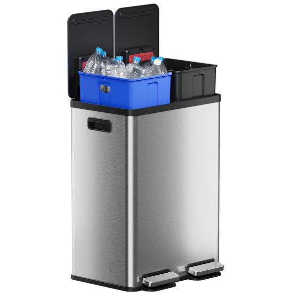 Itouchless 16 Gallon / 61 Liter SoftStep Dual Compartment Rectangular Composite Step Trash Can And Recycle Bin With Dual AbsorbX