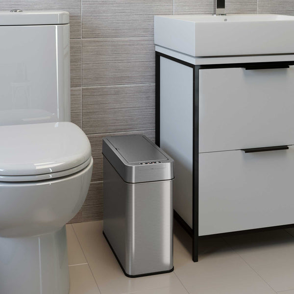 Itouchless 4 Gallon Slim Self-Contained Electric-Motor Sensor Bathroom Trash Can With AbsorbX (Right Side Lid Open)
