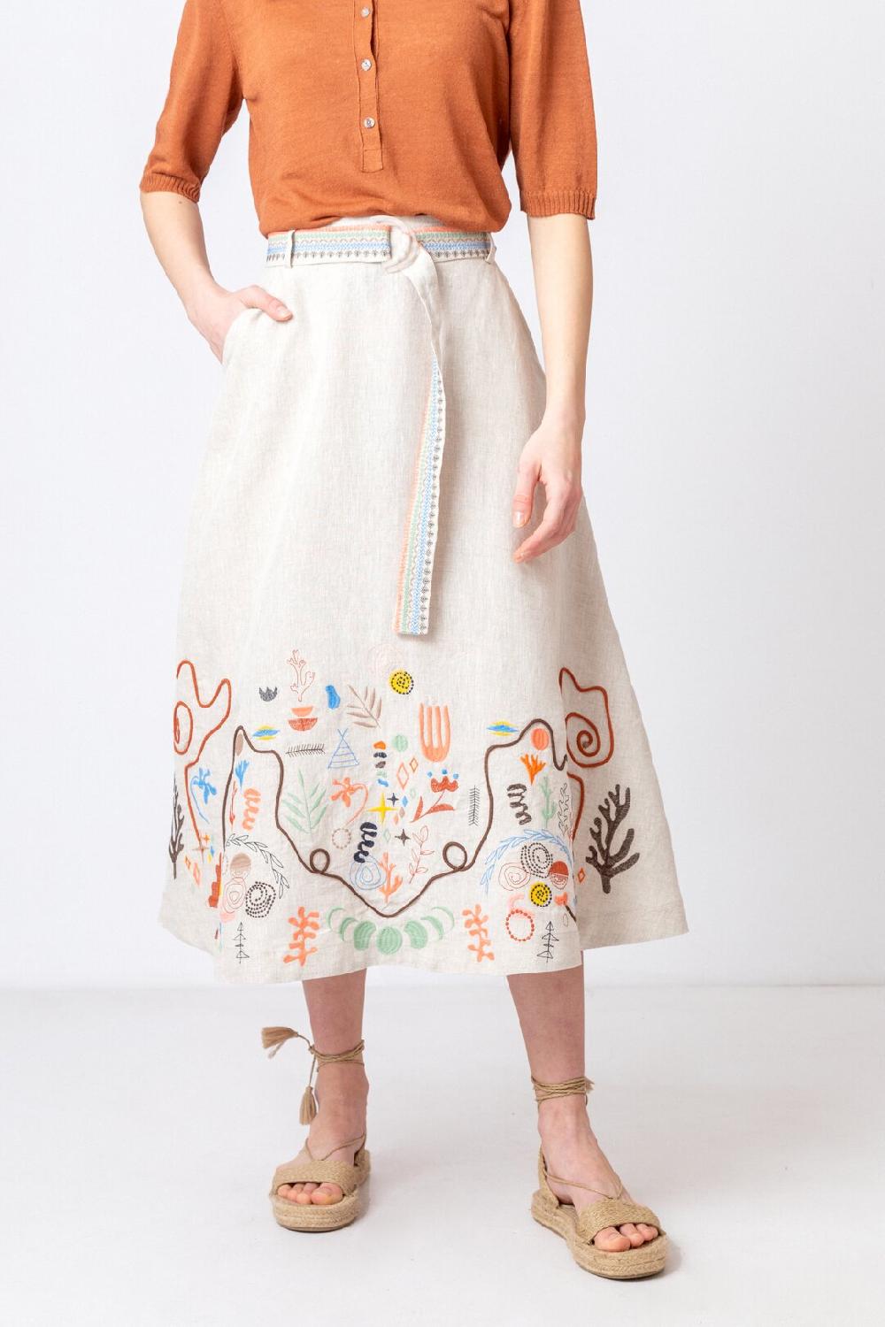 Ivko Woman Embroidered Skirt Nomad Motif WhiteCoffee