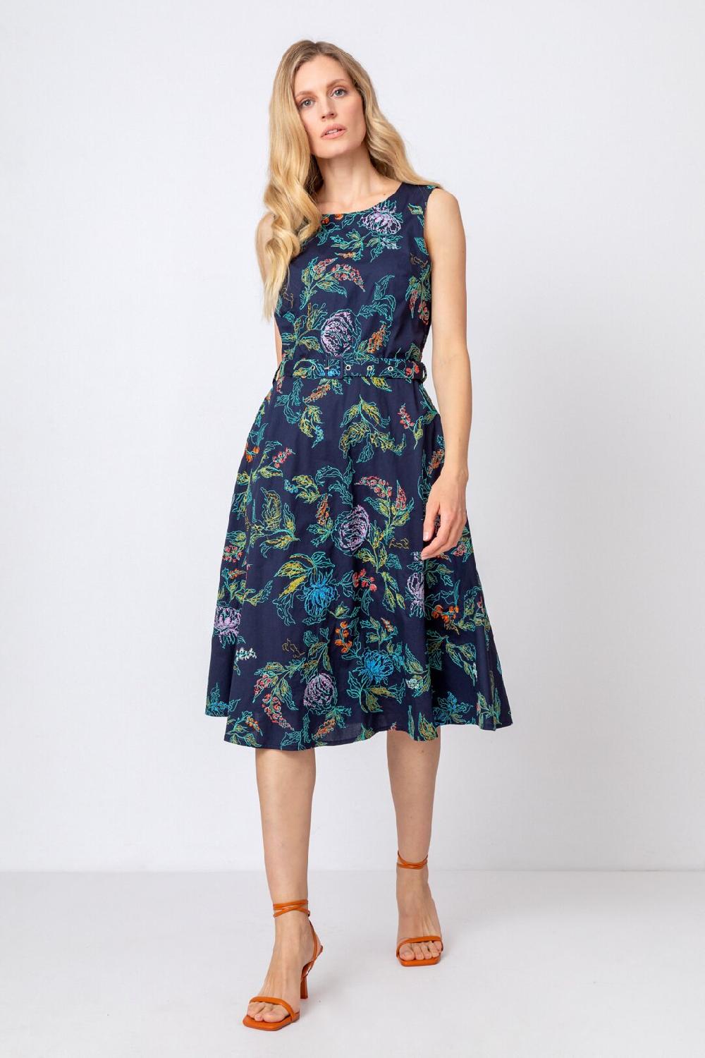 Ivko Woman Embroidered Dress Floral Motif Navy