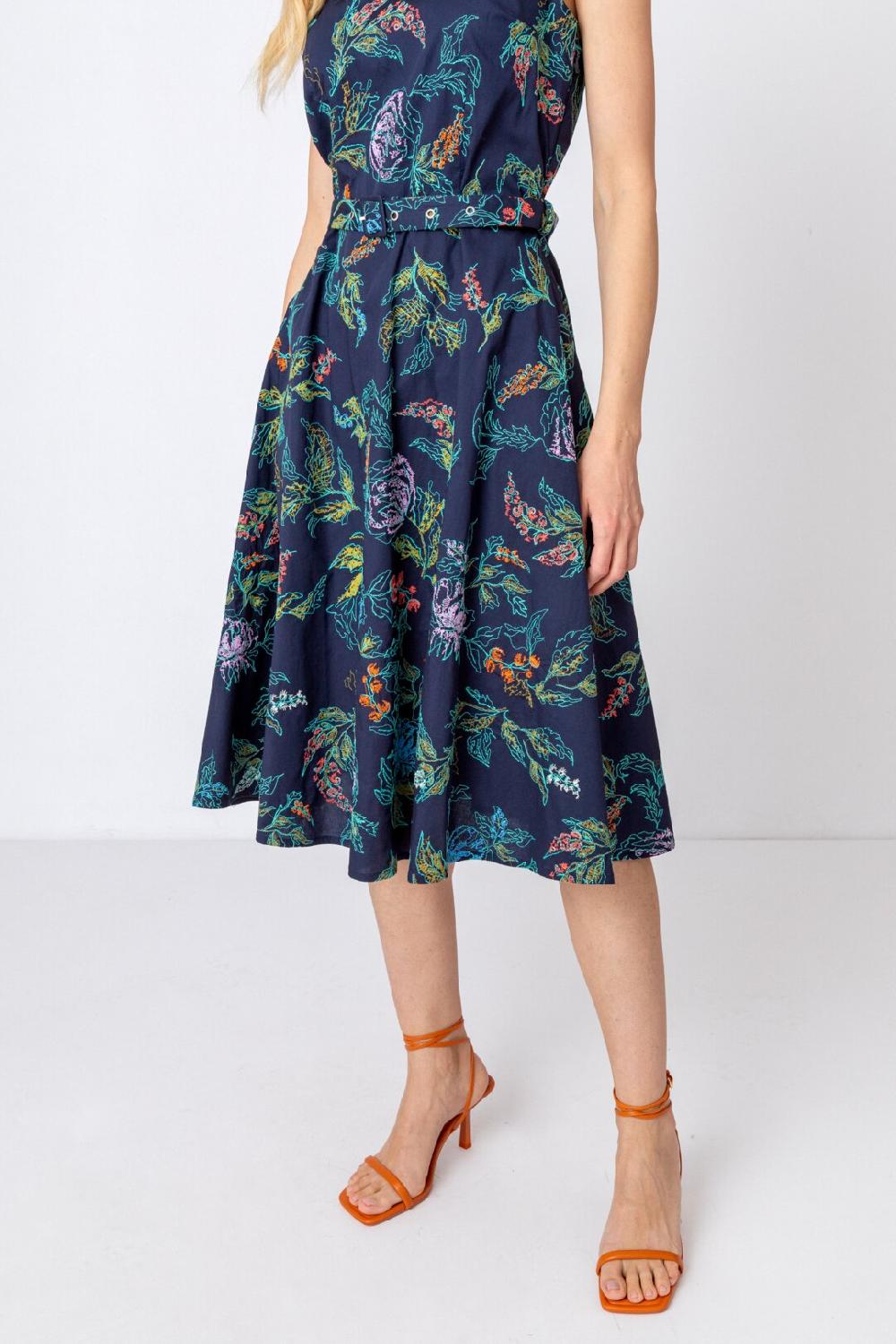 Ivko Woman Embroidered Dress Floral Motif Navy