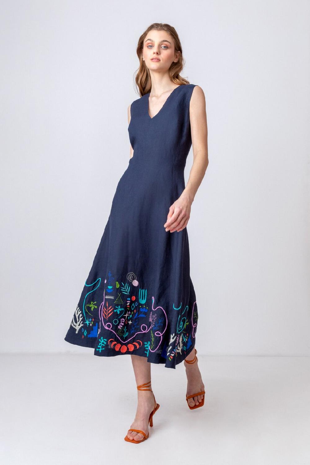 Ivko Woman Embroidered Dress Nomad Motif Navy