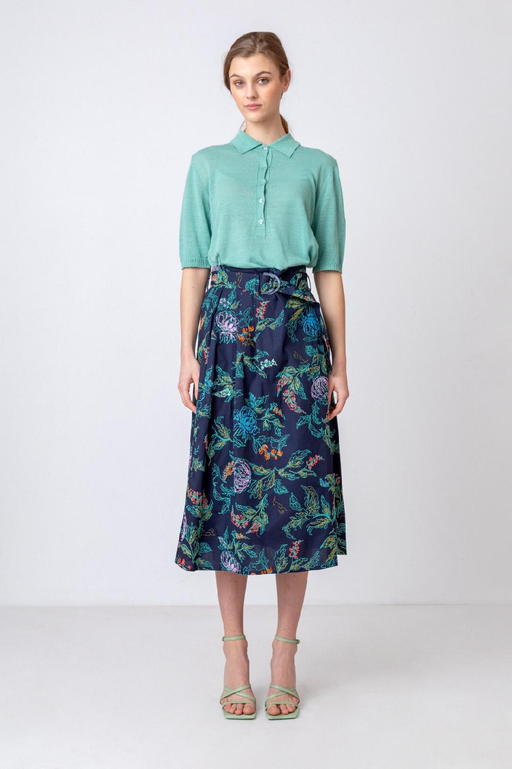 Ivko Woman Embroidered Skirt Floral Motif Navy