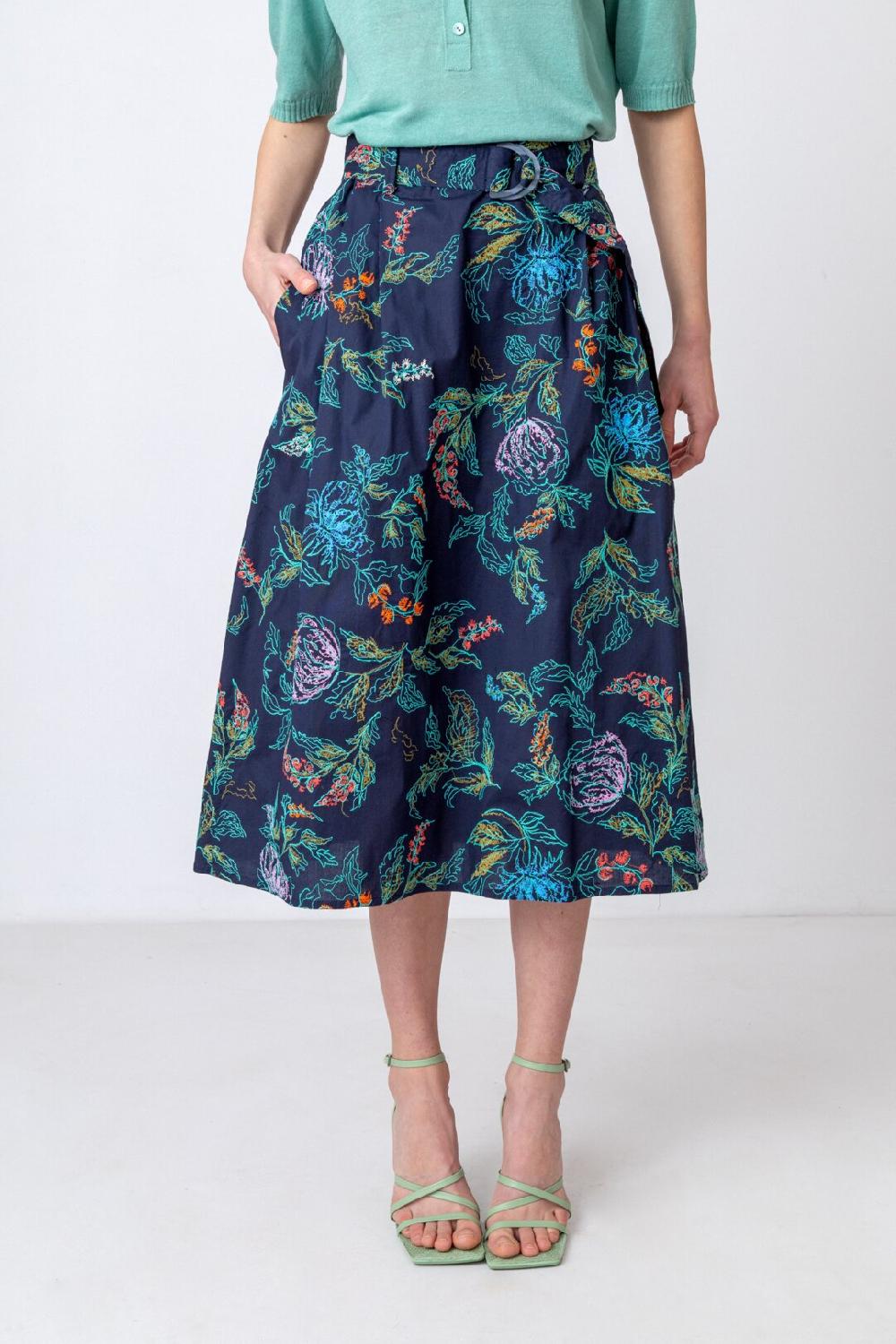 Ivko Woman Embroidered Skirt Floral Motif Navy