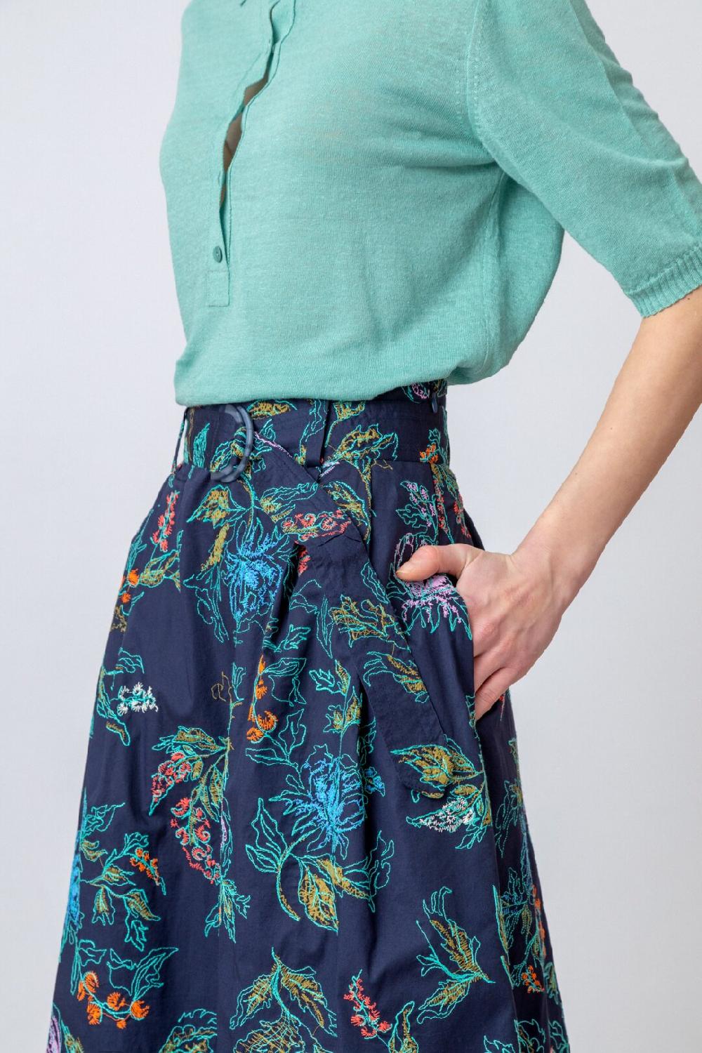 Ivko Woman Embroidered Skirt Floral Motif Navy