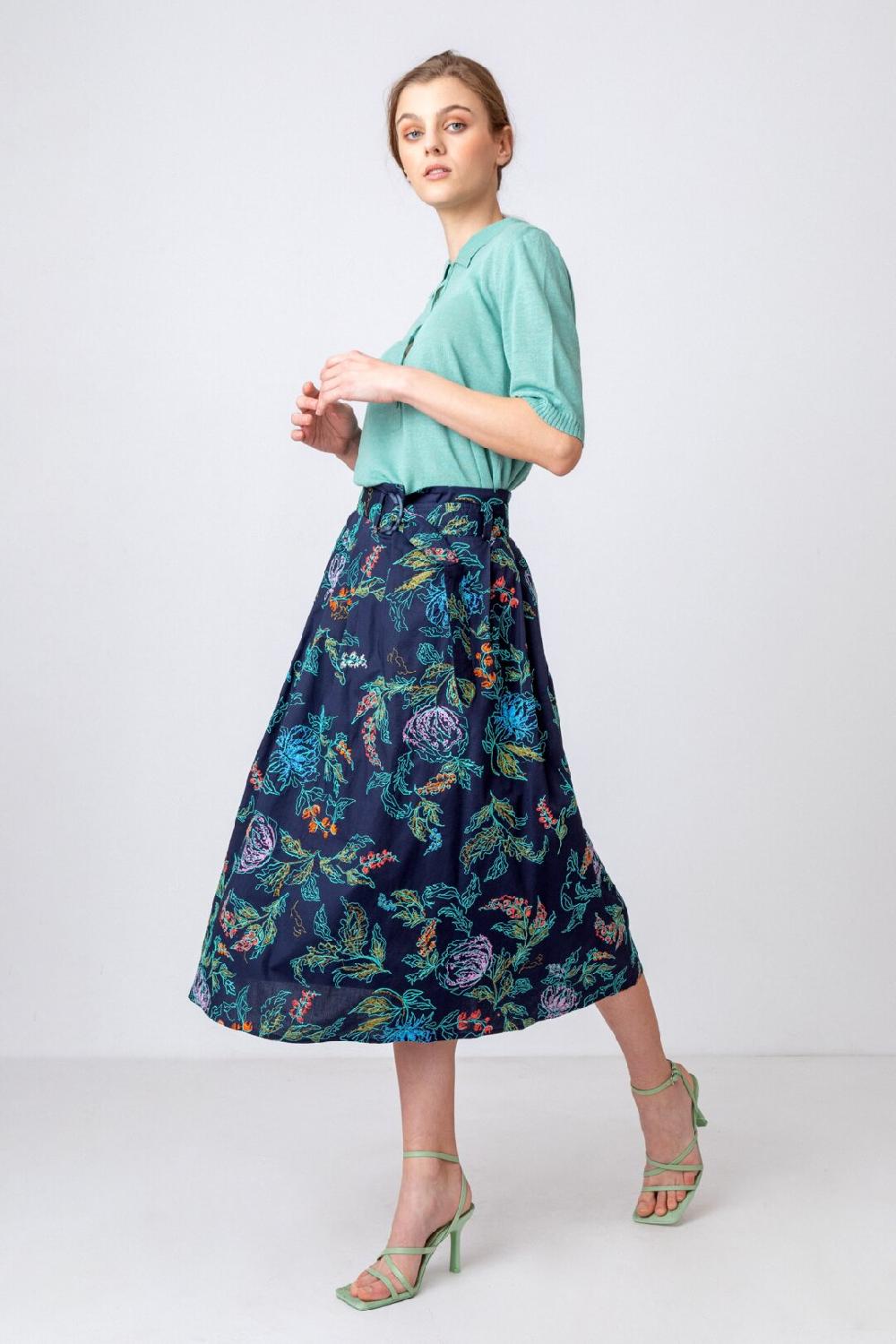 ivko woman Embroidered Skirt Floral Motif Navy