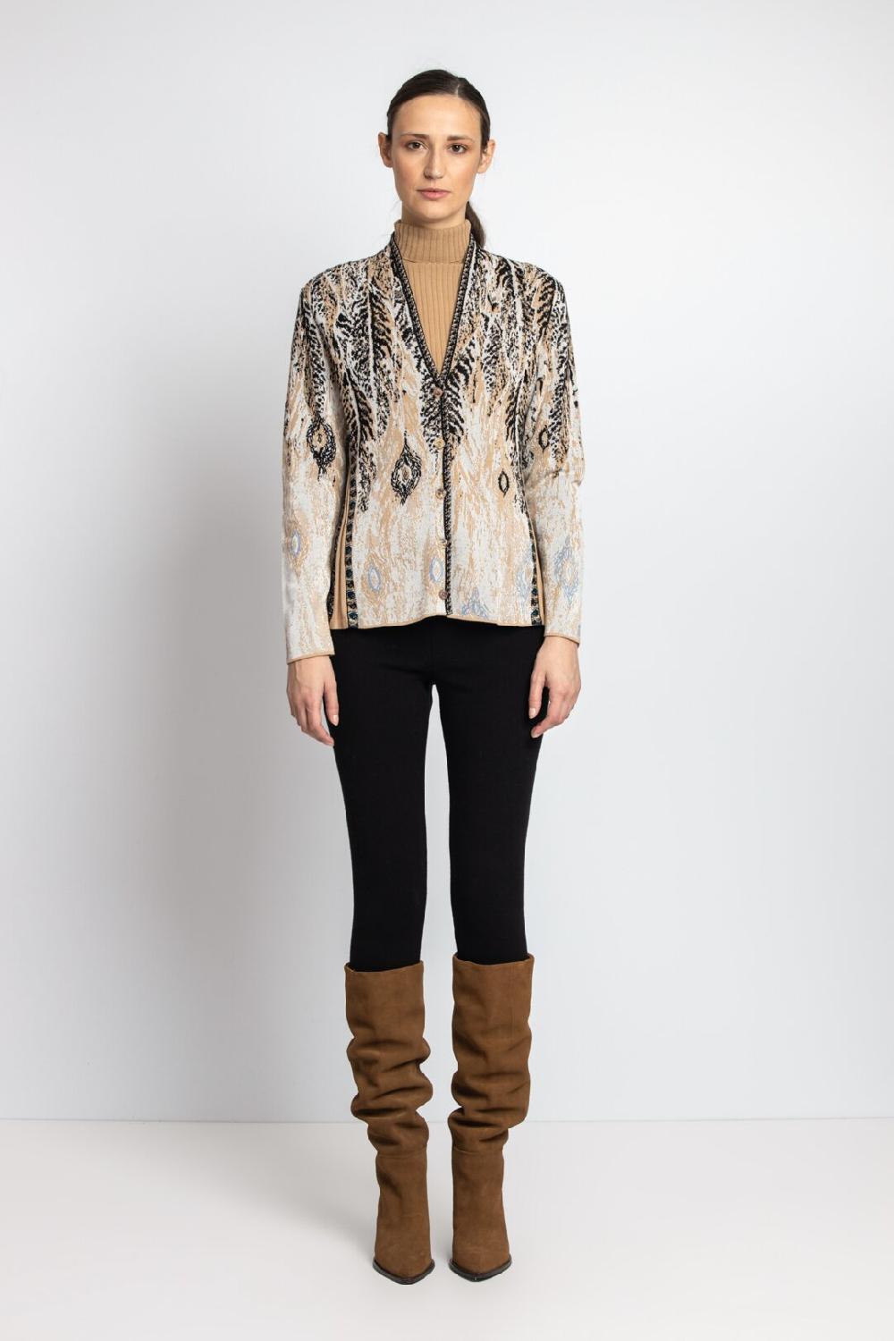Ivko Woman Jacquard Jacket Pheasant Motif Almond