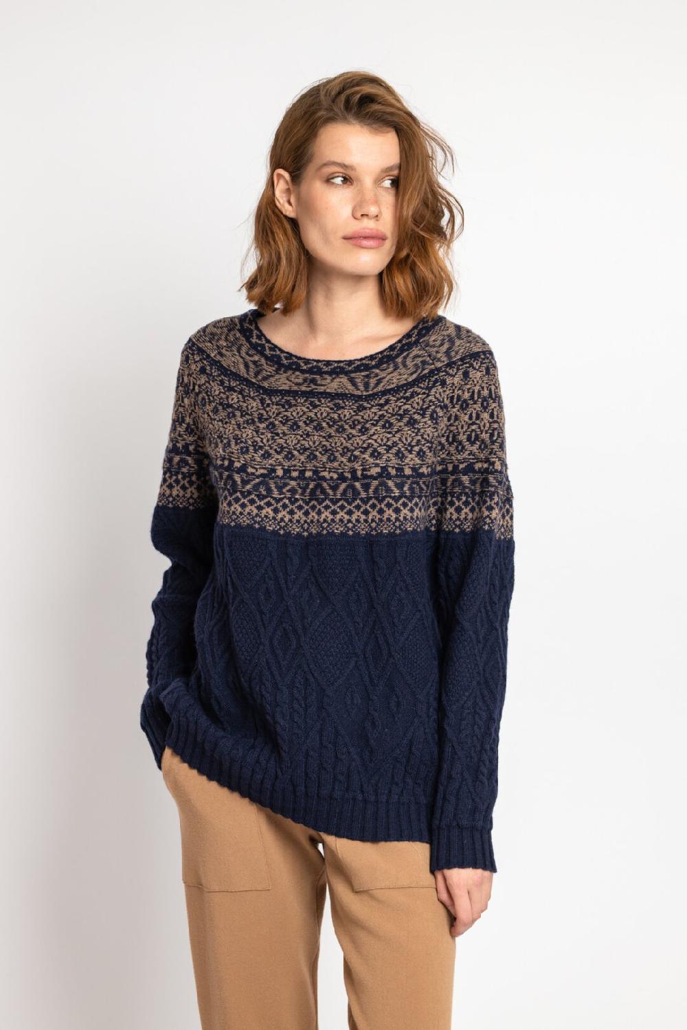 ivko woman O-Neck Pullover Artistic Pattern Navy