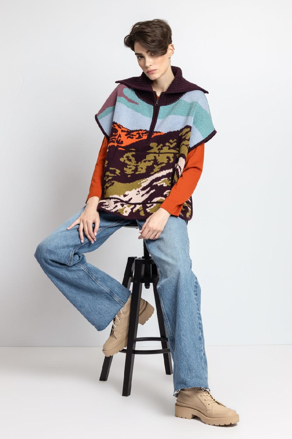 ivko woman Poncho Landscape Pattern Brown-Red