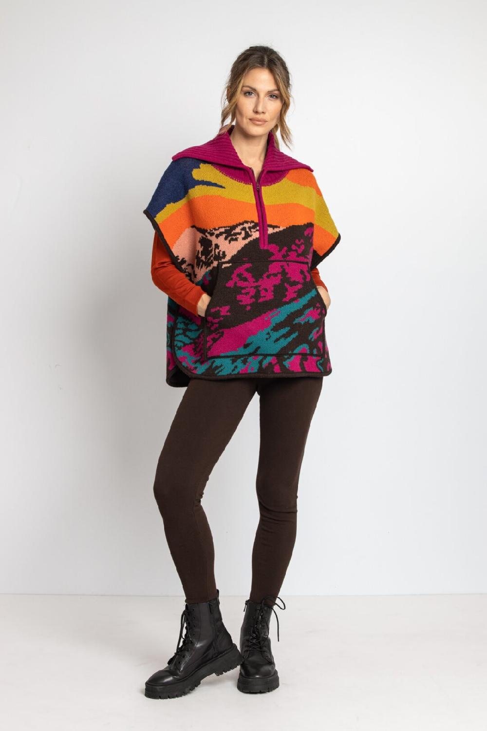 ivko woman Poncho Landscape Pattern Brown