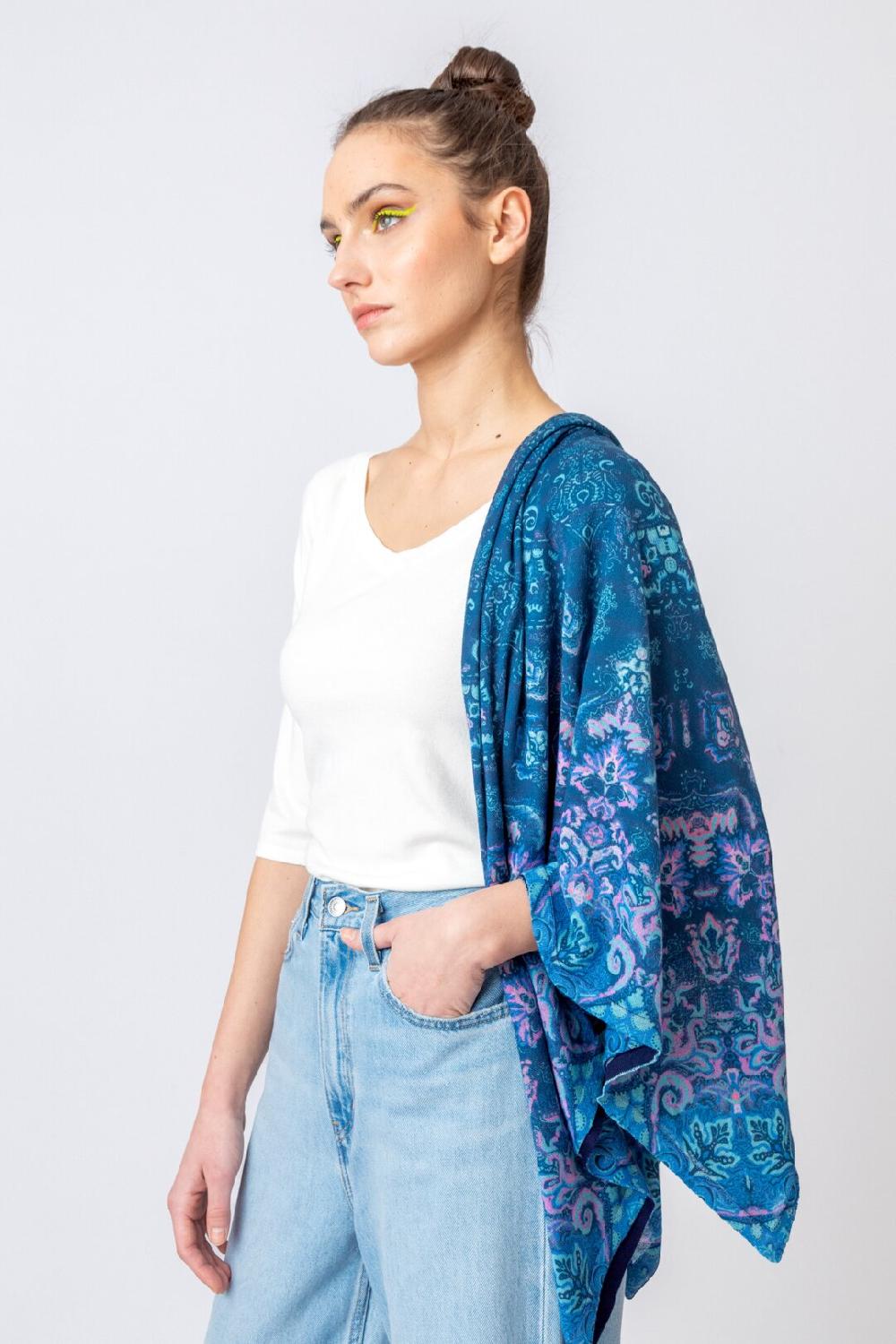 Ivko Woman Printed Shawl Ornament Motif Navy