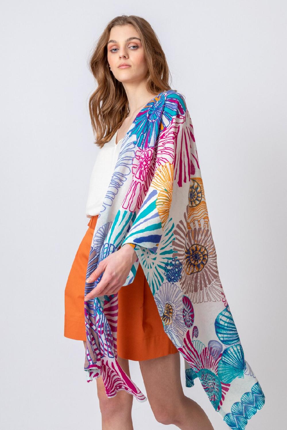 Ivko Woman Printed Shawl Sea Shell Motif Blue