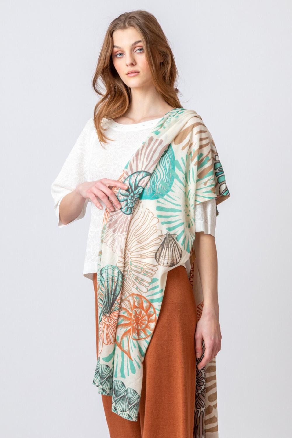 Ivko Woman Printed Shawl Sea Shell Motif Off-White